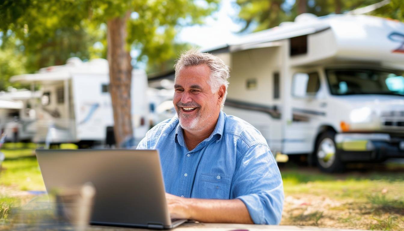 middleaged man working happily on a laptop with an rv park in the background